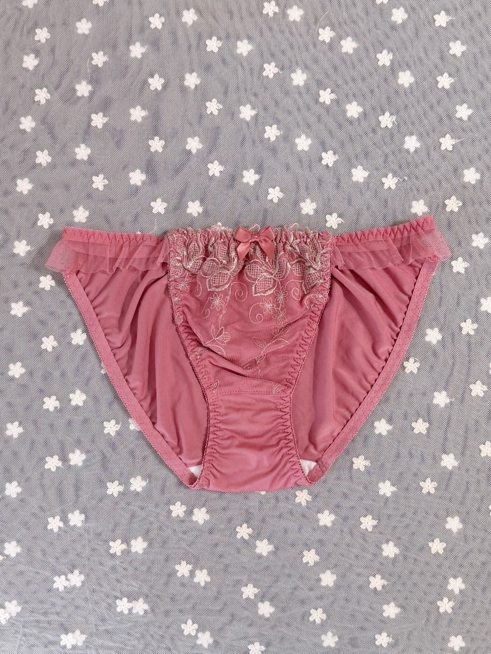 US-M/JP-3L Japanese Satin Bow Ruffle String Bikini Nylon Panties Dark Berry Pink